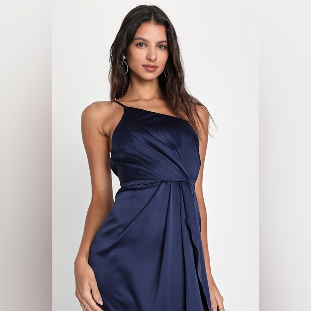 Lulus Law of Attraction Navy Blue One-Shoulder Asymmetrical Midi Dress, Size XS - Picture 4 of 13